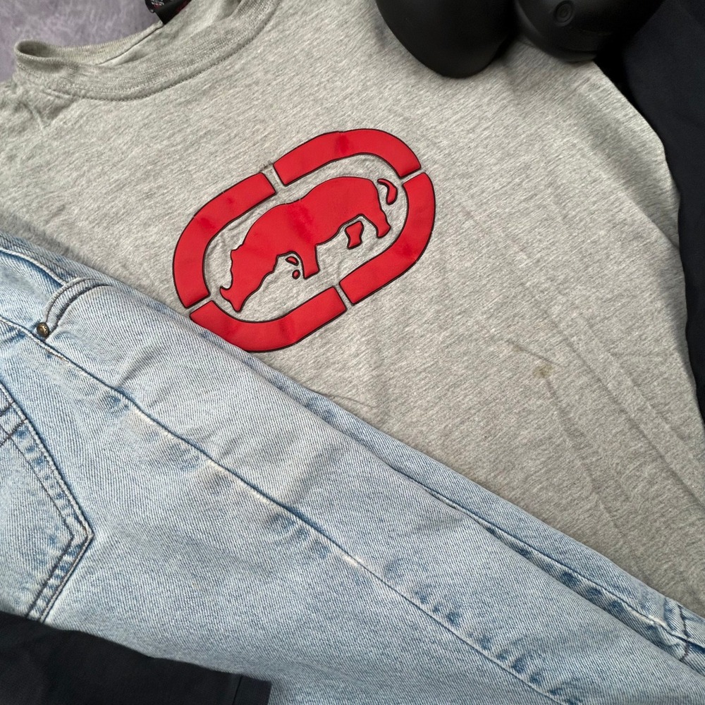 Vintage Ecko Unltd Long Sleeve Raglan Shirt Grey Black Red Rhino Y2K Mens Medium - Picture 7 of 7